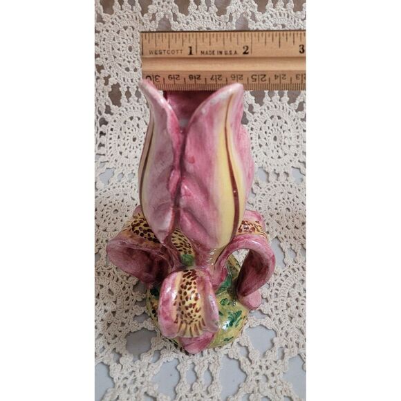 Tulip Bud Vase Handpainted In Italy 2006. Pinkish Purple With Yellow And Brown - Picture 7 of 11